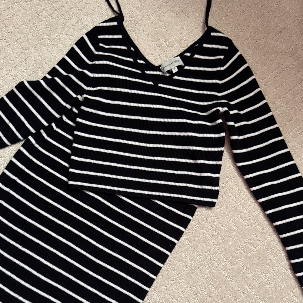 Elegant Black and White Striped Skirt Set